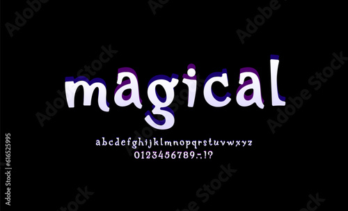 Fairy taly alphabet, fantasy bold font made wonderland style, magical lowercase Latin letters and Arab numerals, vector illustration 10EPS photo