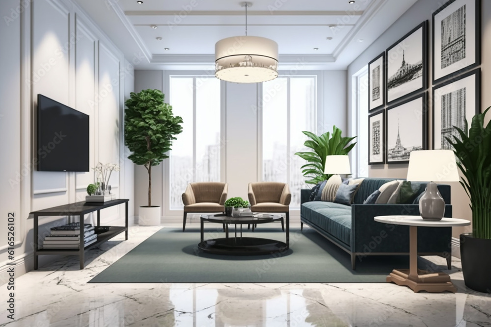 Naklejka premium View inside large modern luxury attic loft apartment living room interior with comfortable sofa, plants, wooden furniture, Abstract painting on white wall Created with Generative AI Tools