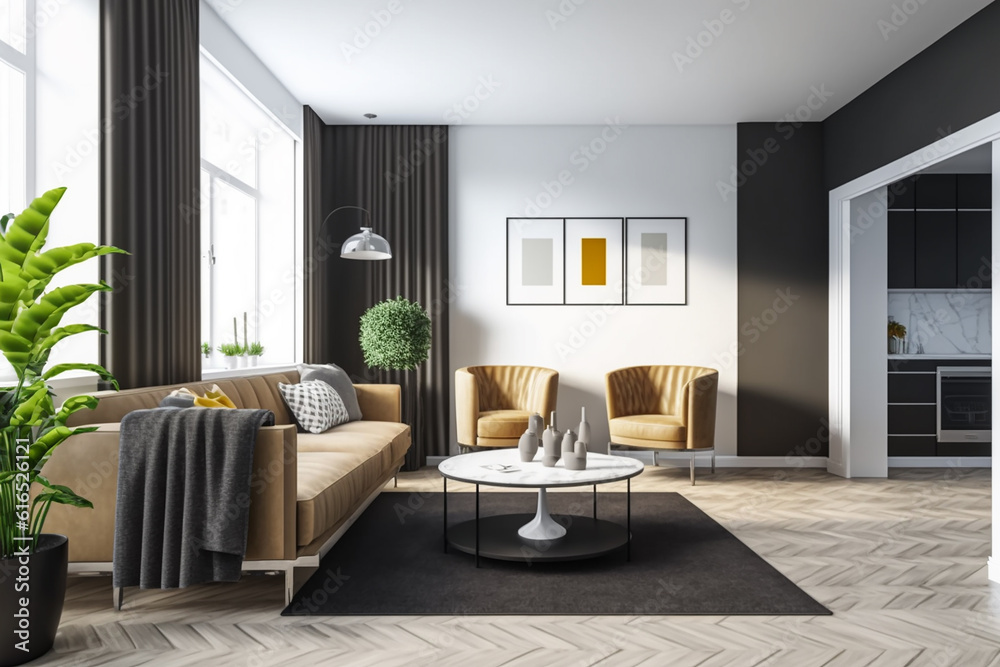 Fototapeta premium View inside large modern luxury attic loft apartment living room interior with comfortable sofa, plants, wooden furniture, Abstract painting on white wall Created with Generative AI Tools