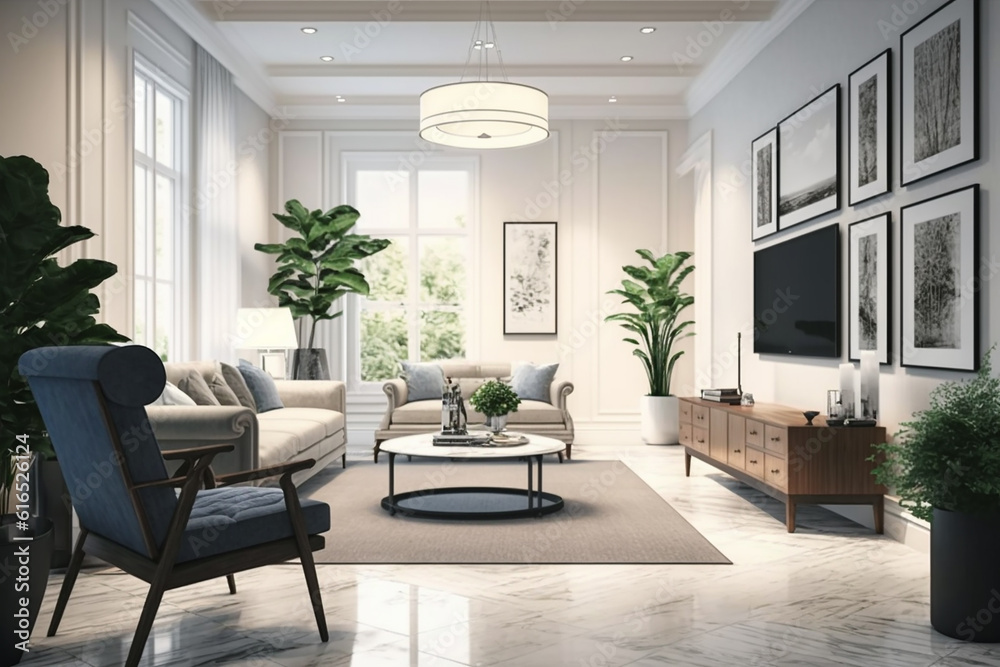 Fototapeta premium View inside large modern luxury attic loft apartment living room interior with comfortable sofa, plants, wooden furniture, Abstract painting on white wall Created with Generative AI Tools
