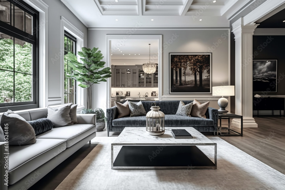 Fototapeta premium View inside large modern luxury attic loft apartment living room interior with comfortable sofa, plants, wooden furniture, Abstract painting on white wall Created with Generative AI Tools