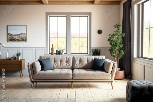 View inside large modern luxury attic loft apartment living room interior with comfortable sofa, plants, wooden furniture, Abstract painting on white wall Created with Generative AI Tools