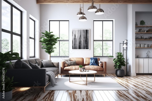 View inside large modern luxury attic loft apartment living room interior with comfortable sofa  plants  wooden furniture  Abstract painting on white wall Created with Generative AI Tools