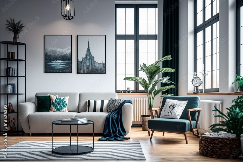 Fototapeta premium View inside large modern luxury attic loft apartment living room interior with comfortable sofa, plants, wooden furniture, Abstract painting on white wall Created with Generative AI Tools