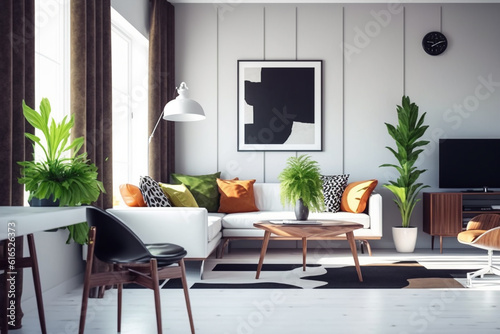 View inside large modern luxury attic loft apartment living room interior with comfortable sofa  plants  wooden furniture  Abstract painting on white wall Created with Generative AI Tools