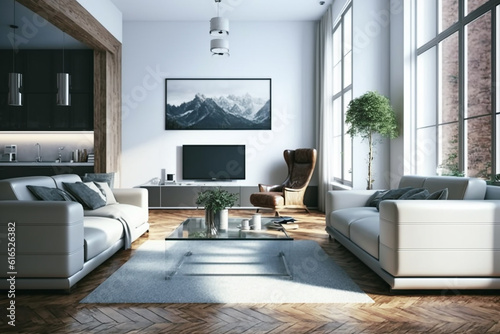 View inside large modern luxury attic loft apartment living room interior with comfortable sofa, plants, wooden furniture, Abstract painting on white wall Created with Generative AI Tools