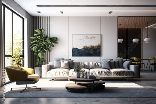 View inside large modern luxury attic loft apartment living room interior with comfortable sofa, plants, wooden furniture, Abstract painting on white wall Created with Generative AI Tools