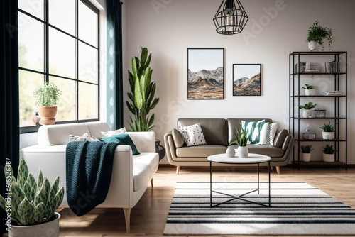 View inside large modern luxury attic loft apartment living room interior with comfortable sofa, plants, wooden furniture, Abstract painting on white wall Created with Generative AI Tools © ThePixelCraft