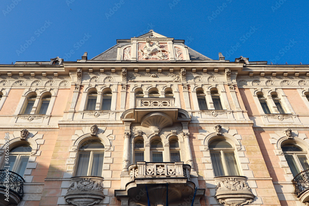Rich decoration of historical vintage house in downtown of Lviv, Ukraine