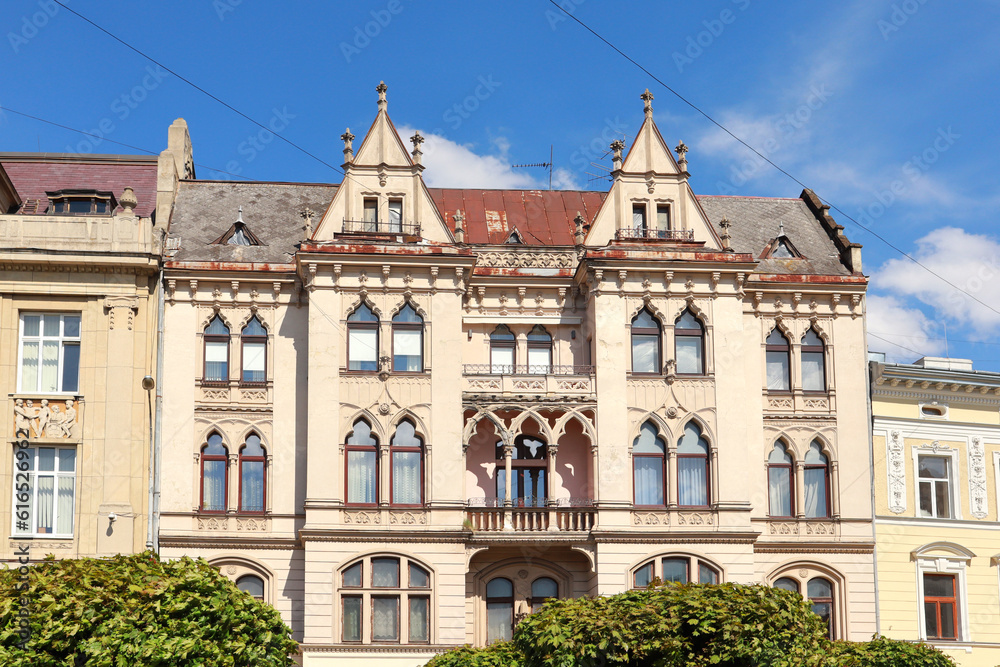 Rich decoration of historical vintage house in downtown of Lviv, Ukraine	