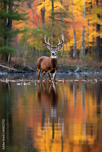 Deer in the lake during fall