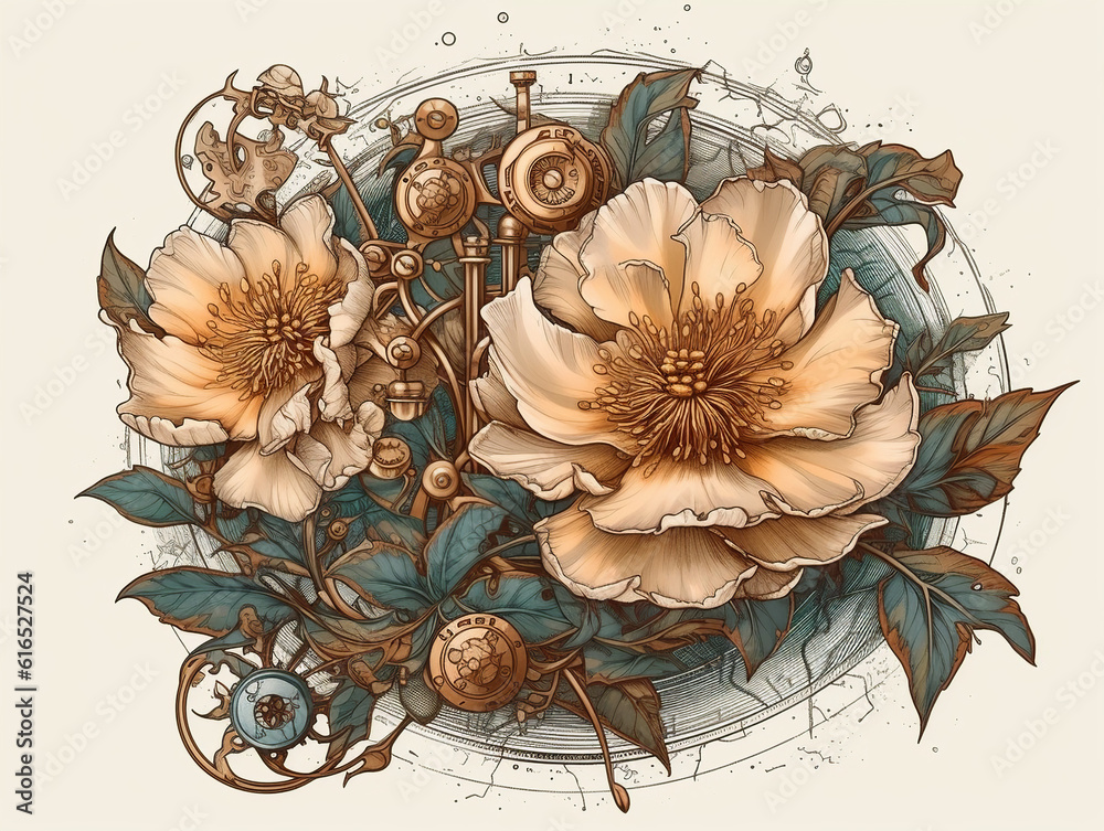 Obraz premium peony, old , background, generative, ai, steampunk style, vintage, watch