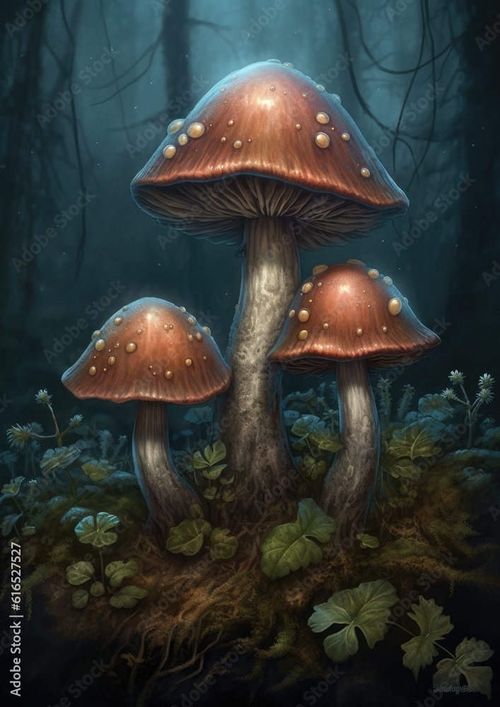 three mushrooms and branches are in a field in the dark, in the style of illustration