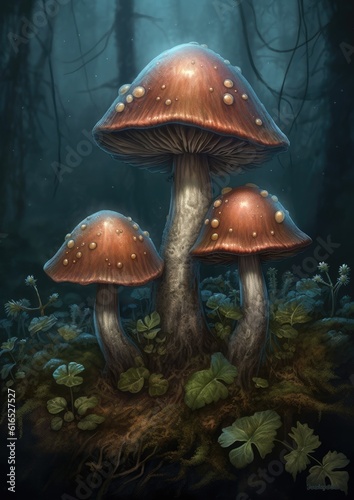 three mushrooms and branches are in a field in the dark  in the style of illustration