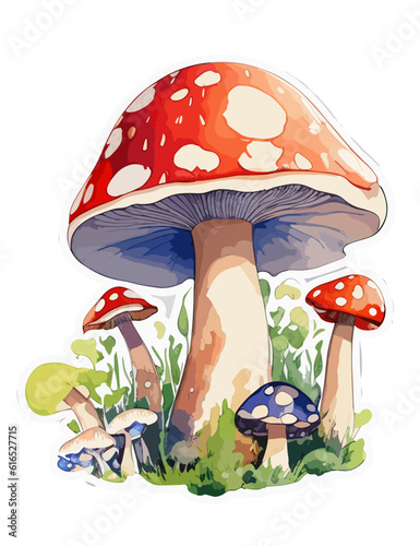 high quality drawing cute forest mushrooms. Hand drawn illustration is isolated on background. Painted forest mushrooms, acorn, leaves and flowers