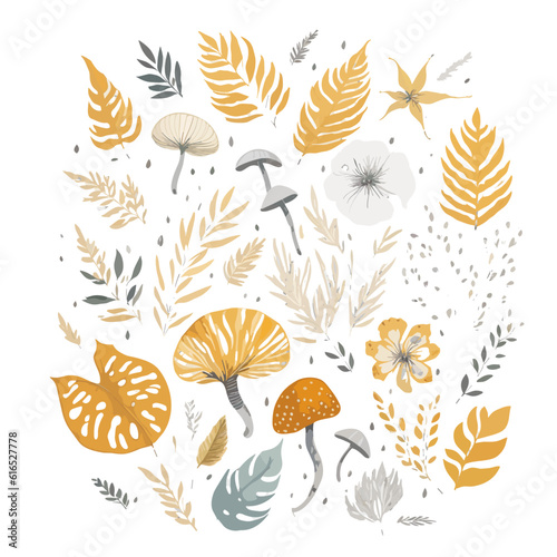 high quality drawing cute forest mushrooms. Hand drawn illustration is isolated on background. Painted forest mushrooms, acorn, leaves and flowers