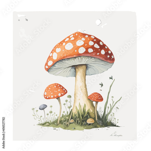 high quality drawing cute forest mushrooms. Hand drawn illustration is isolated on background. Painted forest mushrooms, acorn, leaves and flowers