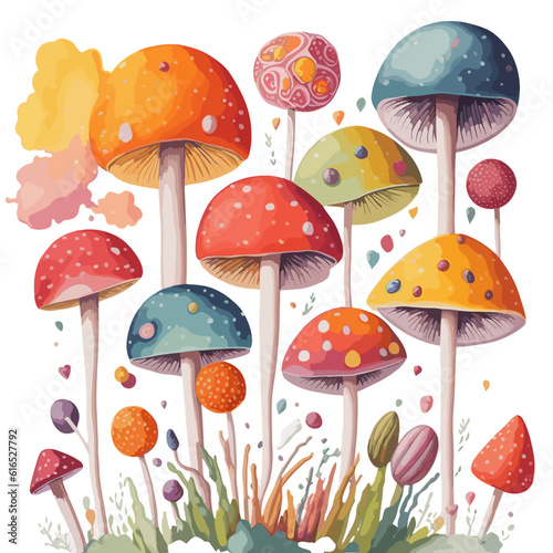 high quality drawing cute forest mushrooms. Hand drawn illustration is isolated on background. Painted forest mushrooms, acorn, leaves and flowers