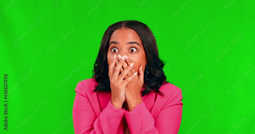 Green screen, face and woman in shock, surprise and wtf reaction in studio for announcement, news and secret. Portrait, wow and young female model cover mouth for crazy drama, omg emoji and gossip Green screen, face and woman in shock, surprise and wtf reaction in studio for announcement, news and secret. Portrait, wow and young female model cover mouth for crazy drama, omg emoji and gossip
