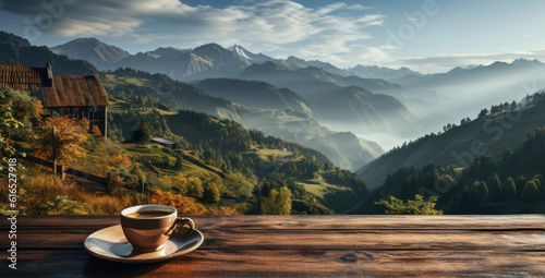 A cup of coffee on a wooden table in front of a beautiful mountain landscape. Generative AI.