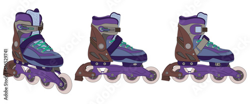Professional Inline Skates Vector Illustration Set Featuring Modern Purple and Blue Rollerblades in Different Perspective Views