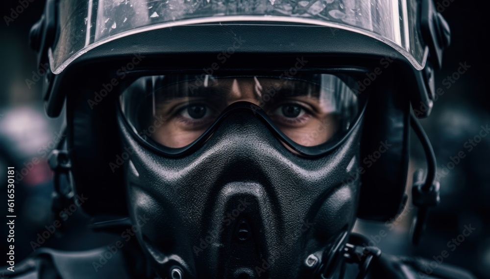 portrait of a policeman in a protective helmet and mask at a demonstration.Generative AI portrait of a policeman in a protective helmet and mask at a demonstration.Generative AI