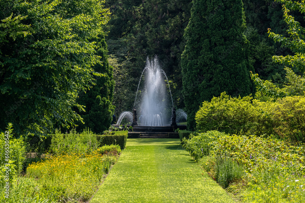 The Botanical Gardens of the Villa Taranto with water fountain. Verbania, Piedmont, Italy, Europe.