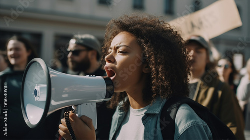 young beautiful African American woman in a jacket on the background of the rally through a megaphone. Generative AI photo