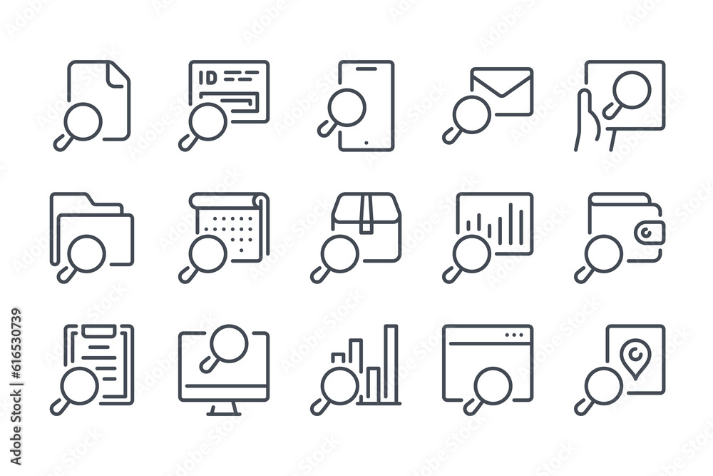 Search and Inspection line icon set. Magnifying glass related linear icons. Research, Review and Explore outline vector sign collection.