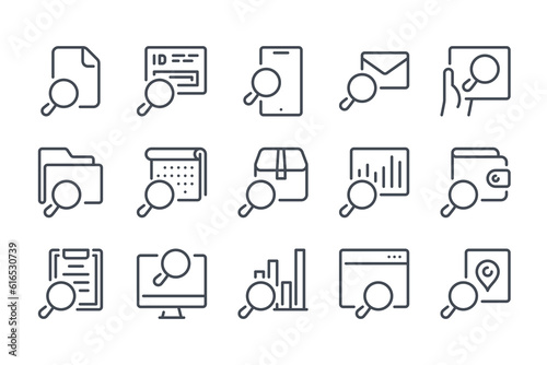 Search and Inspection line icon set. Magnifying glass related linear icons. Research, Review and Explore outline vector sign collection.
