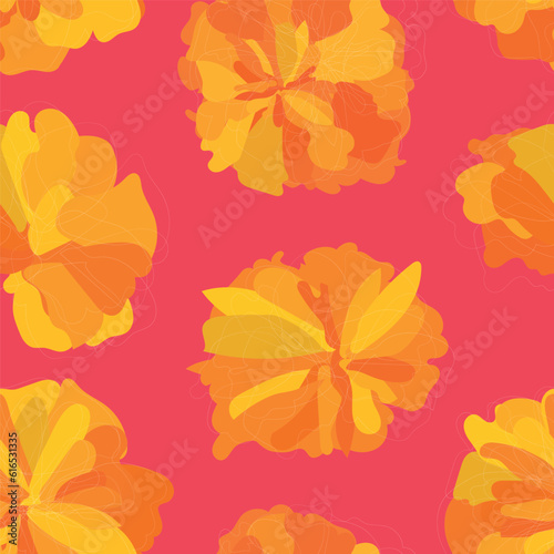 Fototapeta Naklejka Na Ścianę i Meble -  yellow and orange  flowers bloom on pink  seamless pattern. original blossom simple marigold print decor	