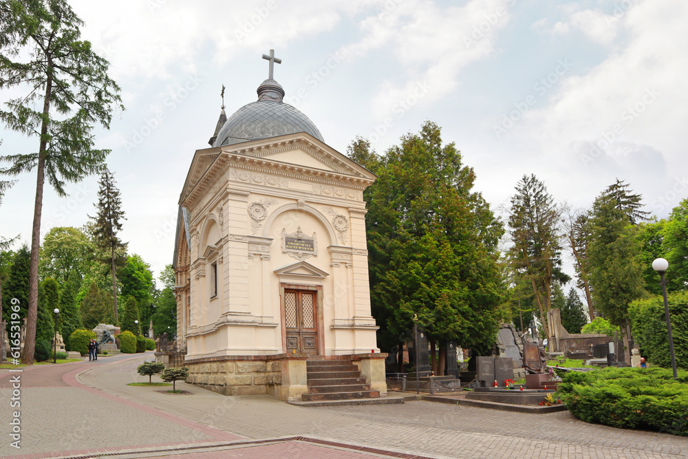 Ancient mausoleums (crypts) and tombstones at the famous Lychakiv Cemetery in Lviv, Ukraine