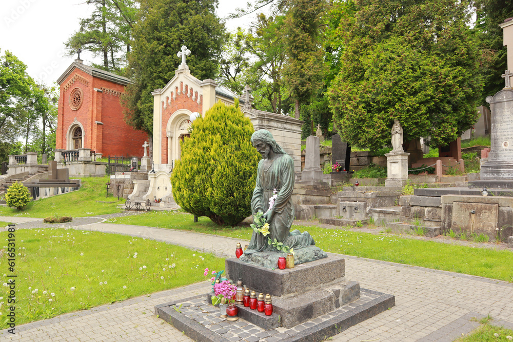 Sculpture of Jesus at the famous Lychakiv Cemetery in Lviv, Ukraine	
