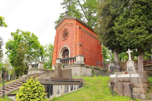 Ancient mausoleums (crypts) and tombstones at the famous Lychakiv Cemetery in Lviv, Ukraine