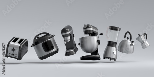 Foto Kitchen appliances and utensils for making breakfast on white background