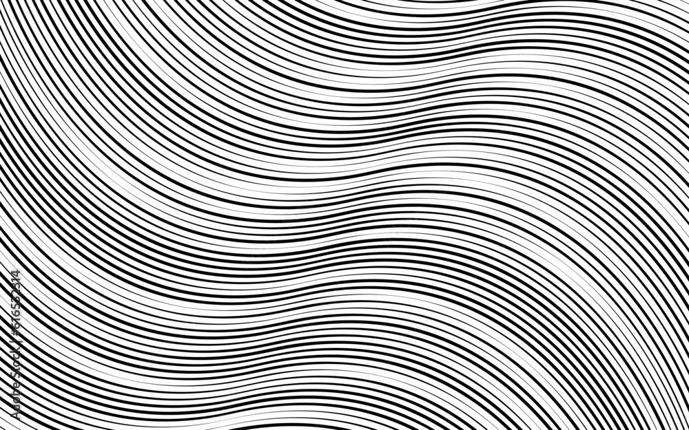 Black wavy lines, stripes with variable thickness, vector background, wallpaper