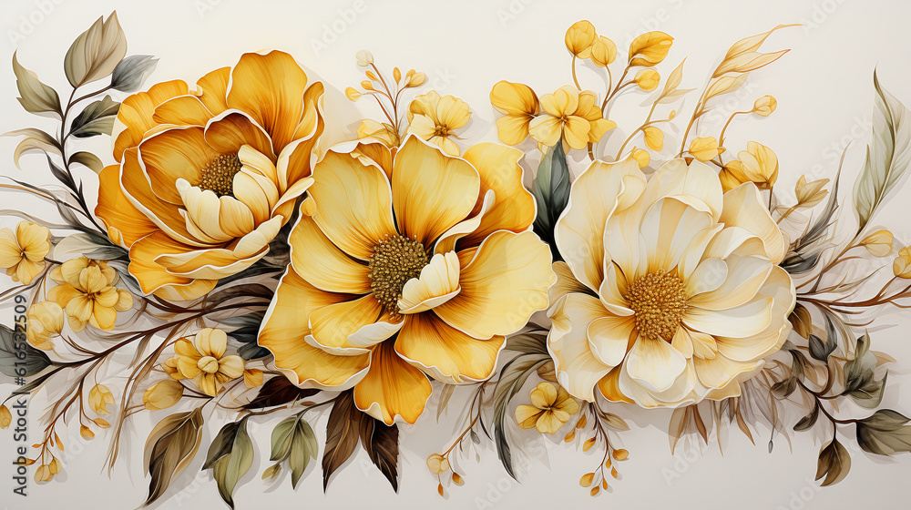 Watercolor Floral Border, Watercolor Seamless Border Green Gold