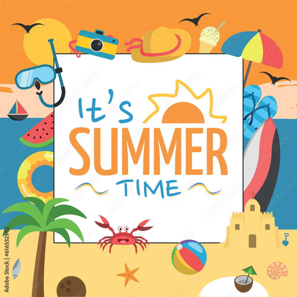 It's Summer Time Logo with Different Summer Elements and Beach Background - Palm Tree, Coconut, Ice Cream, Crab, Surfboard and Others IV It's Summer Time Logo with Different Summer Elements and Beach Background - Palm Tree, Coconut, Ice Cream, Crab, Surfboard and Others IV