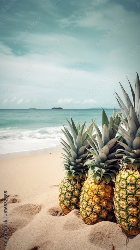 ripe pineapples in the sand on the beach near the ocean. summer concept. generative ai. ripe pineapples in the sand on the beach near the ocean. summer concept. generative ai.