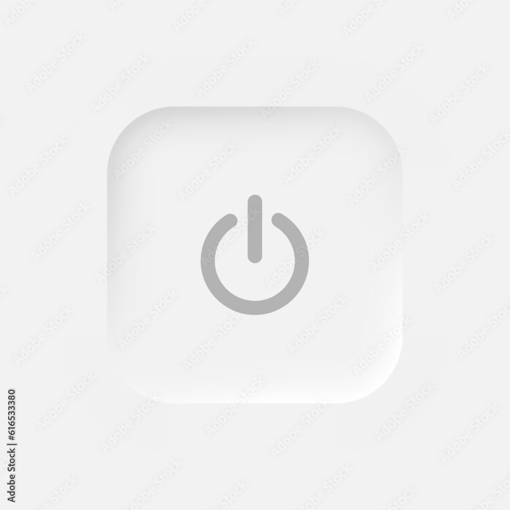 Square button with the power symbol on a white background. User interface elements in the style of neumorphism, UX. Vector illustration. Square button with the power symbol on a white background. User interface elements in the style of neumorphism, UX. Vector illustration.