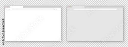 A set of browser window in white and gray on a transparent background. Website layout with search bar, toolbar and buttons. Vector illustration.