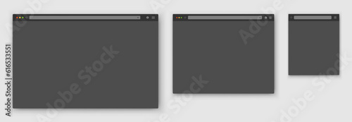 Browser windows. A set of realistic empty gray browser windows of different shapes with a toolbar, a search bar and a shadow on a light background. Vector EPS 10.