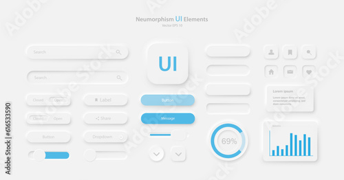 A collection of icons for user interface development in white and light blue. A set of user interface elements for a mobile application. Buttons for mobile devices in the style of neumorphism, UI, UX.
