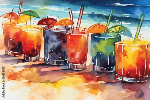colorful shots drinks on a sandy beach with umbrellas 