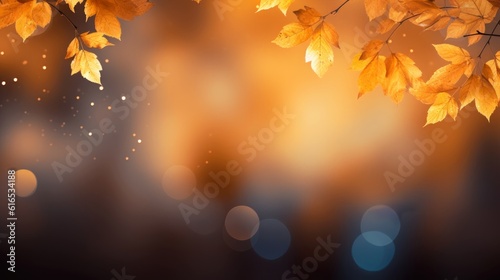 Autumn leaves in the sun and blurry trees .Seasonal banner with autumn foliage. Autumn background. Copy space. Generative AI.