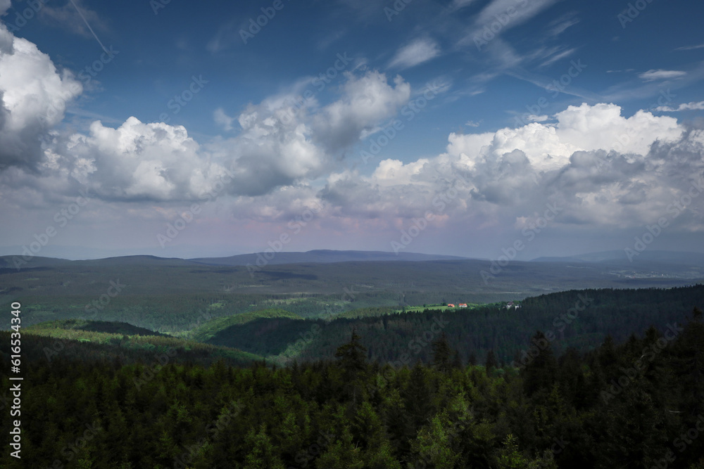 A view to Snieznik massif from a lookout tower on mount Orlica, Orlickie Mountains, Poland. Dense forest, cloudy sky.