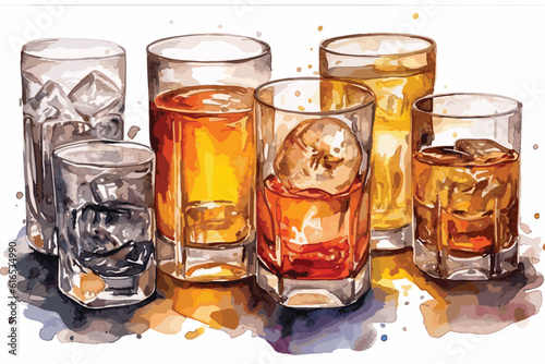 Set of strong alcoholic drinks in glasses and shot galas 