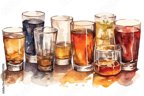 Set of strong alcoholic drinks in glasses and shot galas 