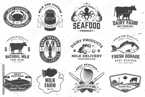 Fresh seafood and rustic milk badge  logo. Vector. Typography design with octopus  shrimp  crab  lobster  dorade  trout  cow  milk farm silhouette. Template for seafood  dairy and milk farm business -