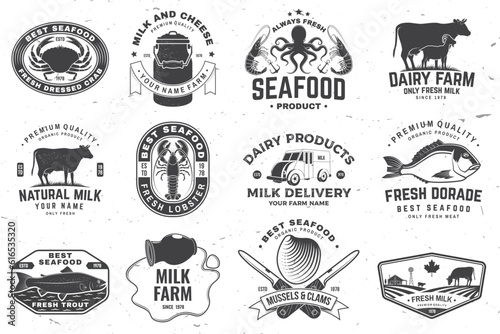 Fresh seafood and rustic milk badge, logo. Vector. Typography design with octopus, shrimp, crab, lobster, dorade, trout, cow, milk farm silhouette. Template for seafood, dairy and milk farm business -